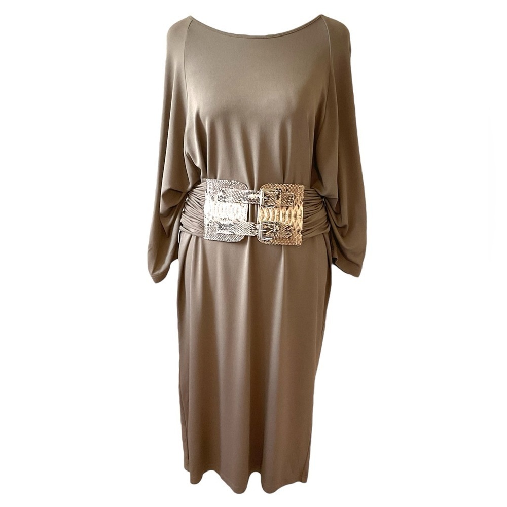 Michael Kors Collection Taupe Midi Dress With Snake Print Belt Size 2